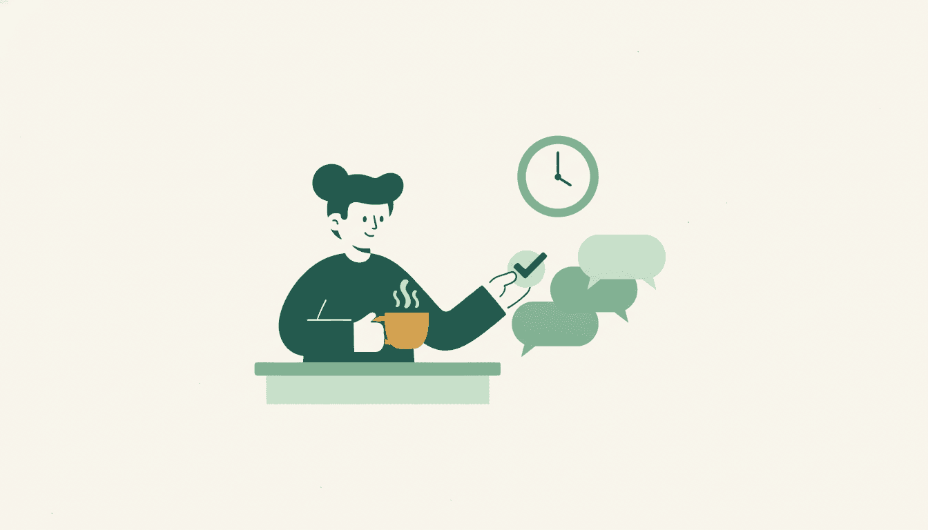 An owner clearing a short queue of review bubbles over coffee